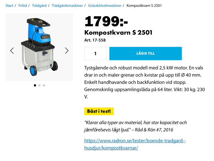 Blå och vit kompostkvarn S 2501 med uppsamlingslåda för trädgårdsavfall.