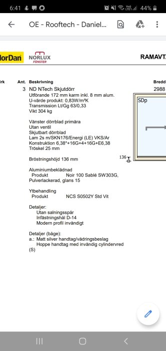 Skärmdump av produktinformation för ND NTech Skjutdörr med tekniska specifikationer och ritningsillustration.