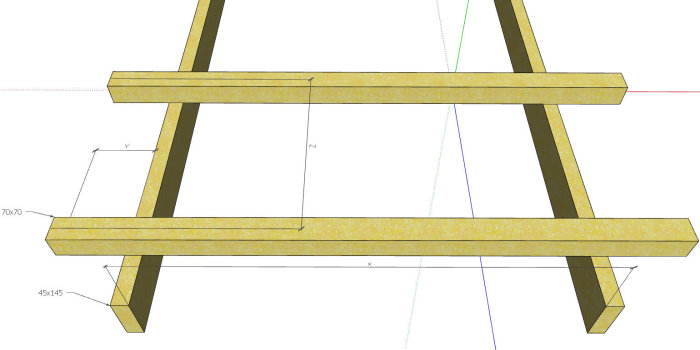 CAD-ritning av träkonstruktion med dimensionerade bärlinor och golvreglar för altanbygge.