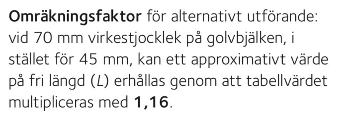 Text om omräkningsfaktor 1,16 för 70 mm tjocklek på golvbjälken jämfört med 45 mm från Svensk Trä.