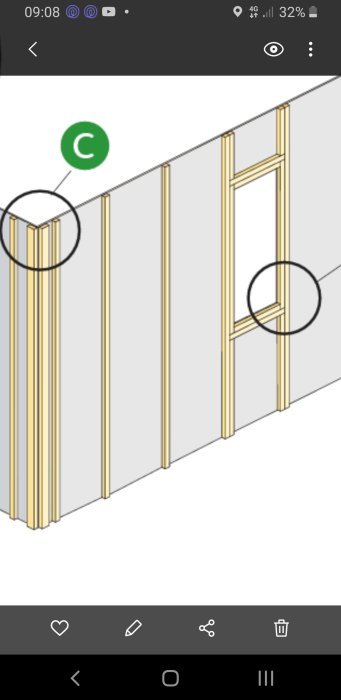 Digital ritning av en vägg med stolpverk och markerade detaljer i cirklar.