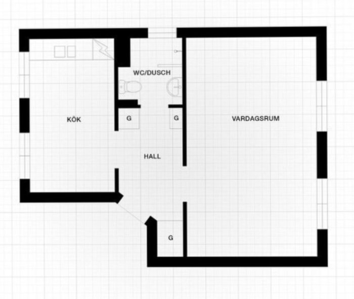 Ritning av en lägenhets planlösning med markerade rum som kök, hall, WC/dusch och vardagsrum.
