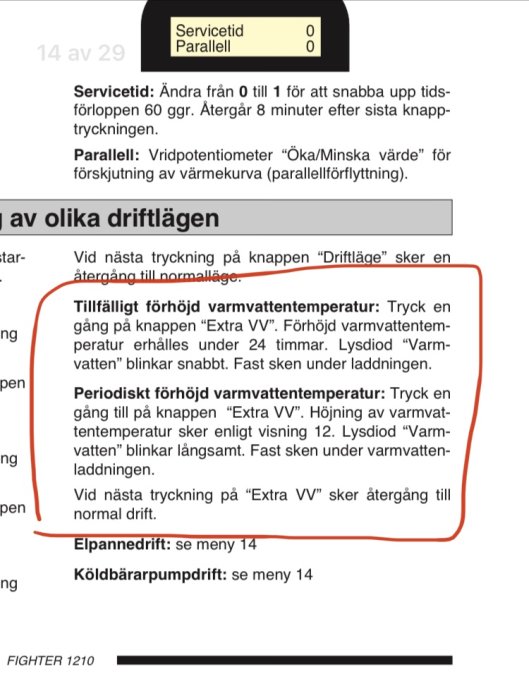 Sida ur manual visar instruktioner för tillfällig och periodisk höjning av varmvattentemperaturen på en värmepump.