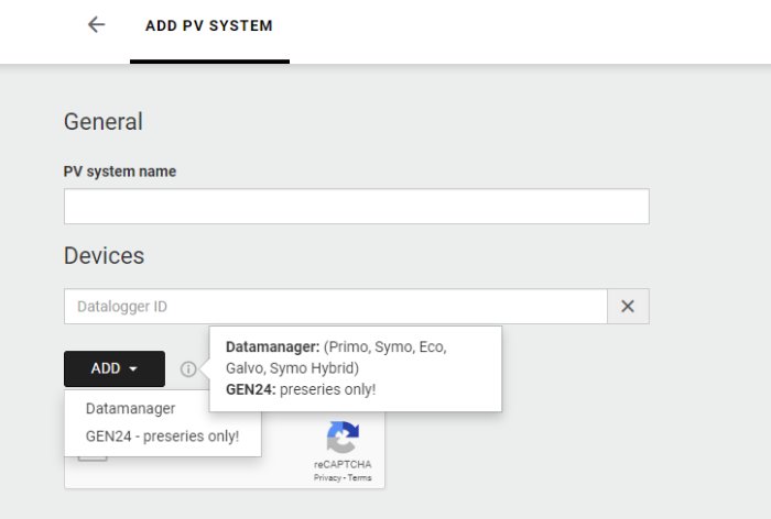 Skärmdump av gränssnittet för att lägga till ett PV-system med fält för Datalogger ID.