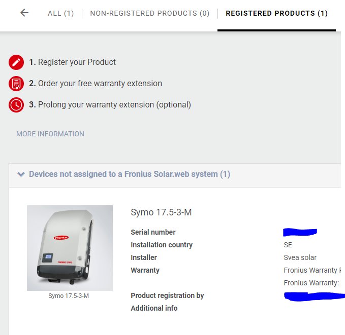 Skärmdump av ett registrerat Fronius inverter-sida med val för garantiregistrering och uppgifter om Fronius Symo 17.5-3-M inverter.