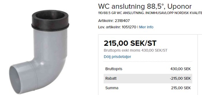 WC-anslutning från Uponor med prisinformation som visar bruttopris och rabatt, resulterar i pris 215 SEK.