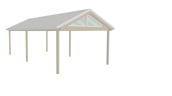 Illustration av ett färdigt tak till uterum monterat på pelare med stora fönsteröppningar, ingen bakgrund.