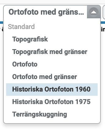 Dropdown-meny på en webbsida som visar olika kartalternativ inklusive "Historiska Ortofoton 1960" och "Historiska Ortofoton 1975".