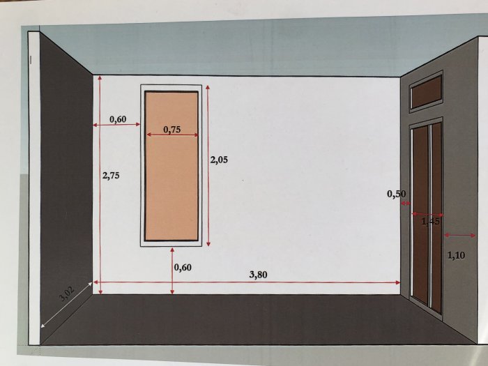 Ritning av en altankonstruktion med måttmarkeringar, planvy.