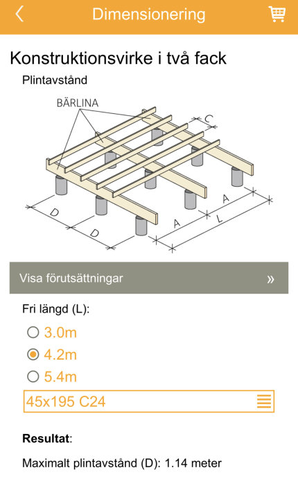 Illustration av konstruktionsvirke i två fack med dimensioner och plintavstånd angett, för bygg- och renoveringsplanering.