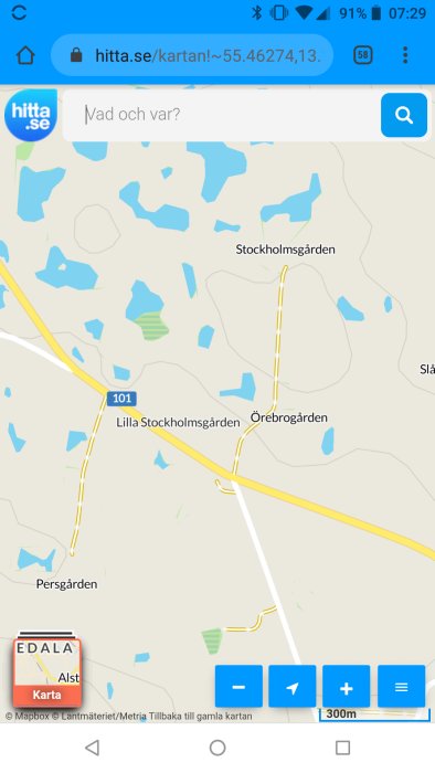 Kartskärmdump med väg 101 och gårdsnamn som Stockholmsgården och Persgården i Skåne.