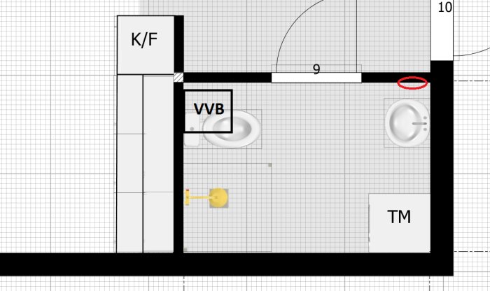 Planlösning av Attefallshus med utmärkta positioner för VVB, dusch, handfat och tvättmaskin.