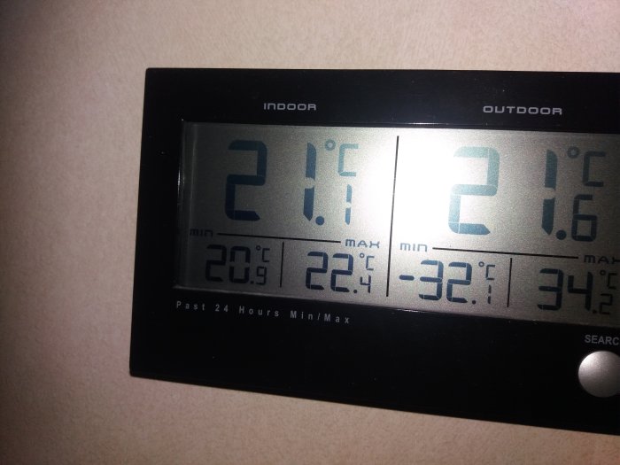 Digital termometer visar inomhustemperatur 21,1 °C och utomhustemperatur 21,6 °C med dygnets min/max temperaturer.