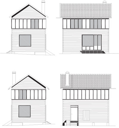 Arkitektritningar av fyra fasader till ett renoverat härbre med tillagd våning.