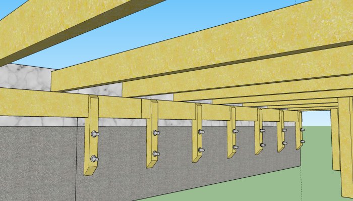 3D-ritning av altankonstruktion med gula bärlinor fästa på stolpar med gängstänger i en stödmur.