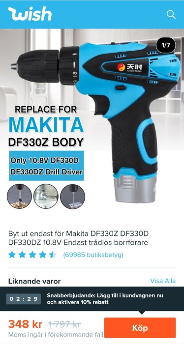 Blå och svart sladdlös borrmaskin som ersättning för Makita modell som visas i en onlinebutiksgränssnitt.