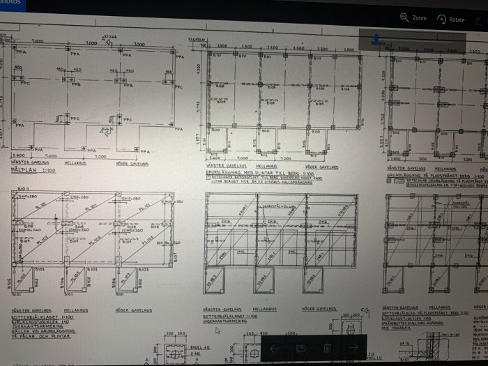 Arkitektonisk ritning av en våningsplanslayout med måttangivelser och detaljer kring väggkonstruktioner.