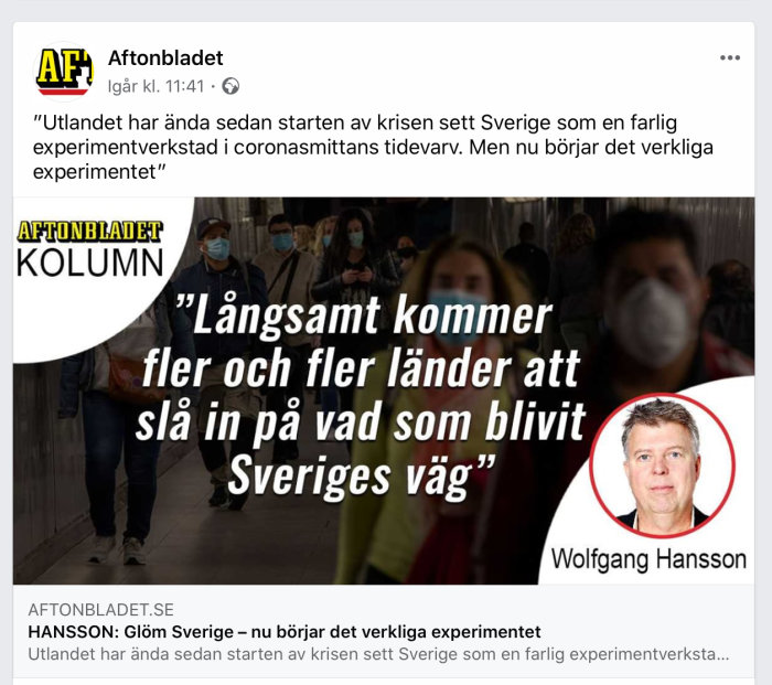 Skärmdump från Aftonbladets Facebook-post med rubrik och Wolfgang Hanssons bild.