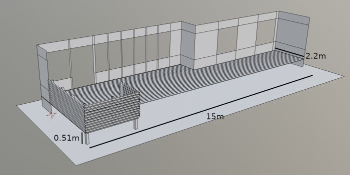 3D-ritning av en planerad altan med måttangivelser bredvid en husfasad.