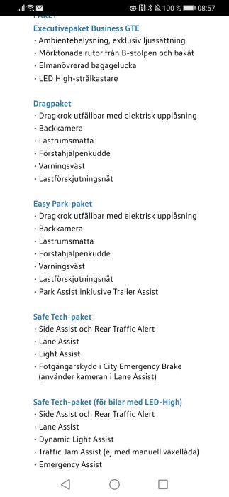 Skärmdump av fordonsutrustningslista med olika paket inklusive Executive, Drag, Easy Park och Safe Tech.