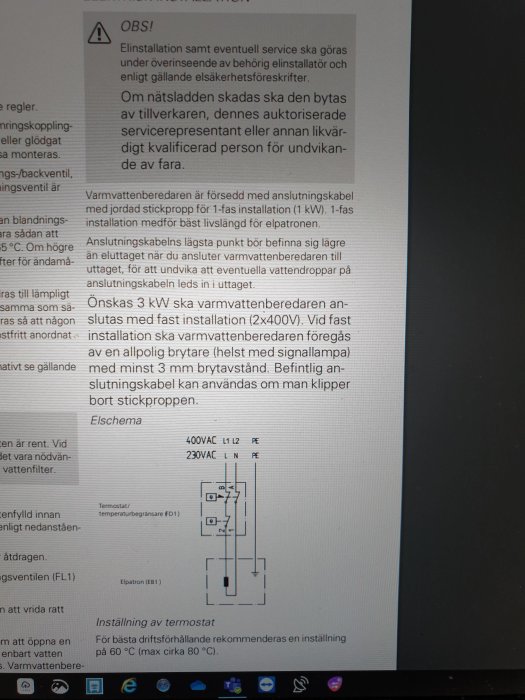 Elschema ur manual som visar anslutningen av en varmvattenberedare med instruktioner och varningstexter.