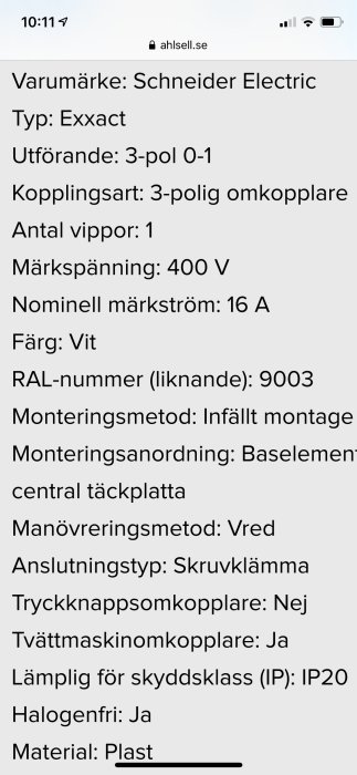 Skärmdump av produktinformation för Schneider Electric 3-polig omkopplare från Ahlsell webbsida.