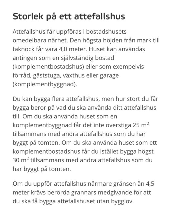 Informationsdokument med text som förklarar regler för storleken på attefallshus och bygglov.