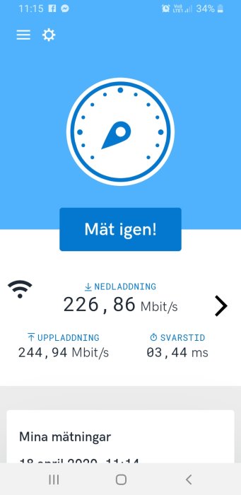 Skärmdump av hastighetstest som visar 226,86 Mbit/s nedladdning och 244,94 Mbit/s uppladdning.