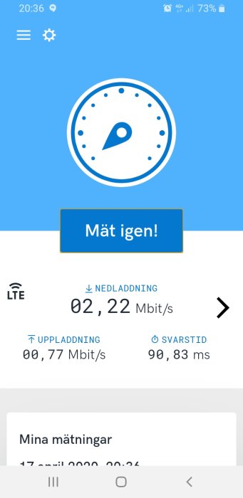 Skärmbild av hastighetstest på mobilt bredband med 2,22 Mbit/s nedladdning och 0,77 Mbit/s uppladdning.