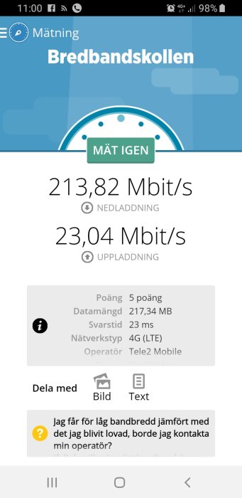 Skärmdump av bredbandsmätning med 213,82 Mbit/s nedladdning och 23,04 Mbit/s uppladdning via 4G nätverk.