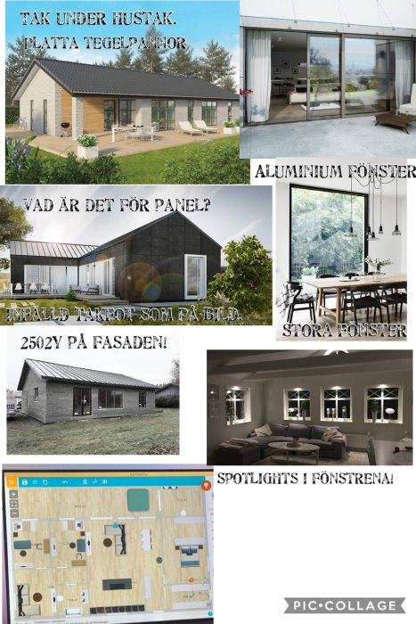 Collage av olika hus med fokus på exteriörpanel, fönster och inredning för hemförbättring.