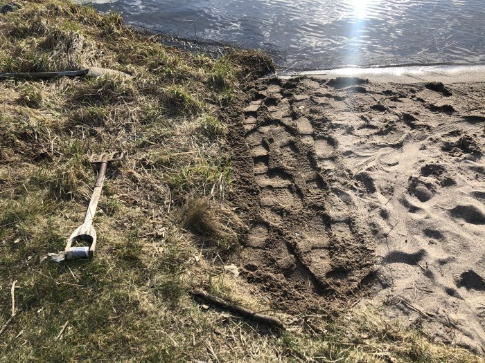 Sandstrand med räfspår och en kratta vid vattnet, gräs och löv på marken.