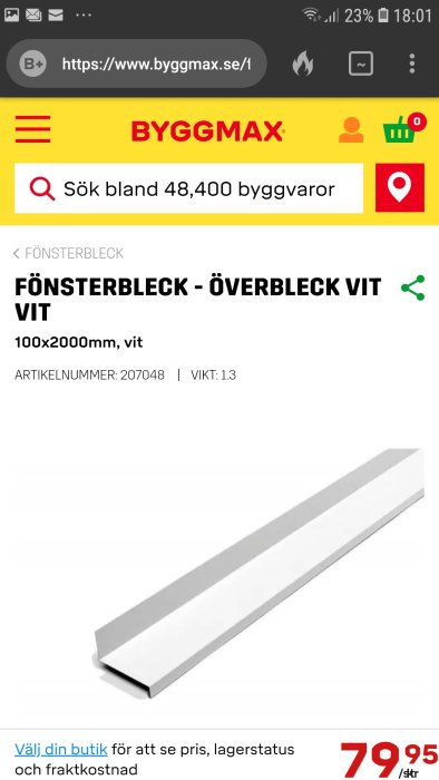 Vit fönsterbleck i aluminium, 100x2000 mm, visas på Byggmax webbplats.