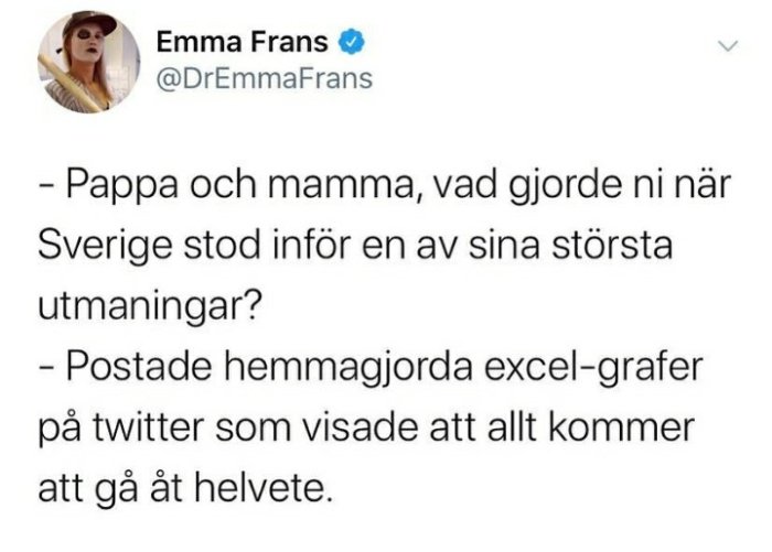 Skärmdump av ett Twitter-inlägg av Emma Frans med satirisk text om excel-grafer och Sveriges utmaningar.