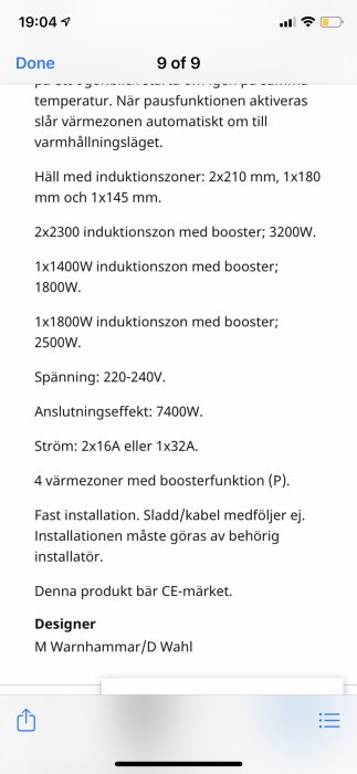 Skärmavbild som visar tekniska specifikationer för en induktionshäll.