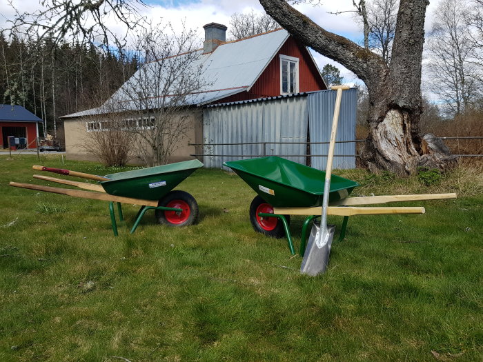 Två nya gröna Ekeby trädgårdskärror och en kabelskyffel på en gräsmatta.