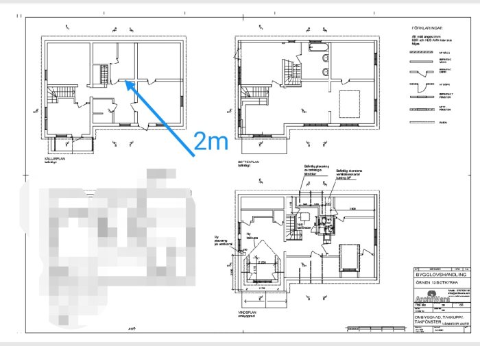 Arkitektoniska ritningar av ett hus med markerad plan för att ta bort 2 meter av en bärande vägg i källaren.