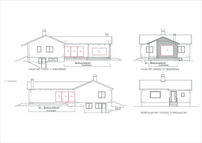 Arkitektoniska ritningar av en byggnads tillbyggnad med markerade förändringar och befintliga strukturer.