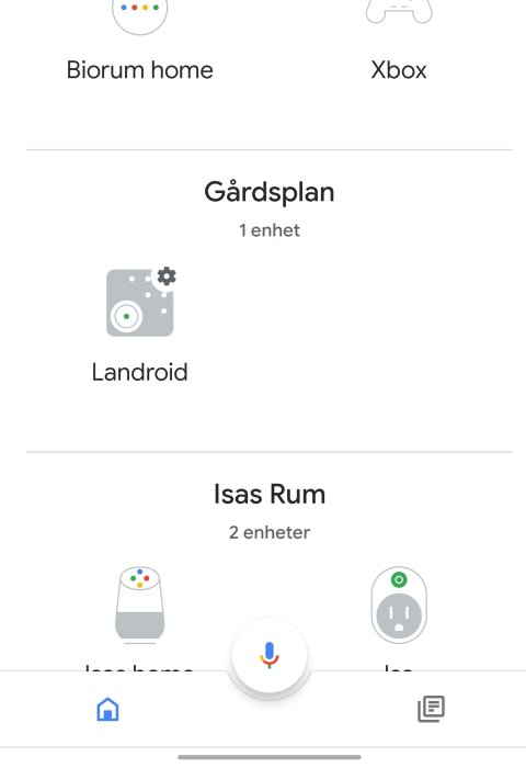 Skärmdump av Google Home-appen som visar en Landroid robotgräsklippare tillagd under 'Gårdsplan'.