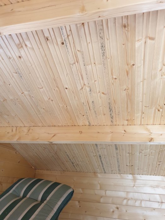 Trätak med mögelspår i förråd, ingen ventilation, synliga skarvar på ytpapp.