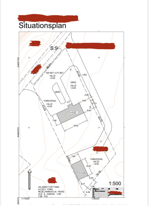 Situationsplan med markeringar för byggprojekt inklusive mått och planering för parkering och byggnader.