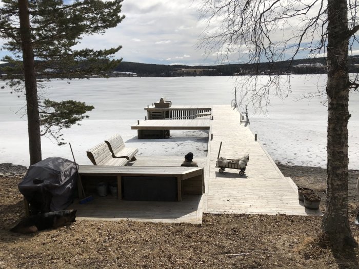 Träbrygga vid frusen sjö med bänkar och snötäckt mark under klar himmel.