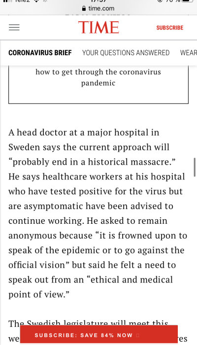 Skärmdump av en artikel på TIMEs webbplats med text om coronapandemin och svensk sjukvård.