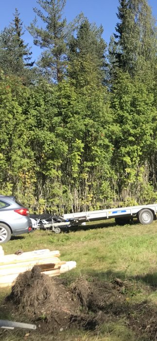 Övervuxen häck ca 1,5 meter upp, med en skogsbakgrund, släpvagn och byggmaterial i förgrunden.