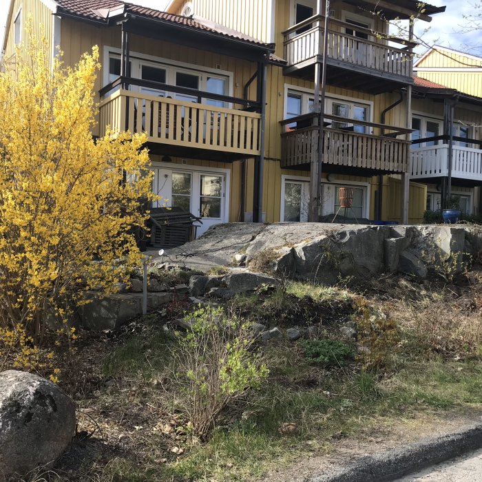 Ovårdad baksida av radhus med spretiga buskar och ogräs intill en bergsknalle.