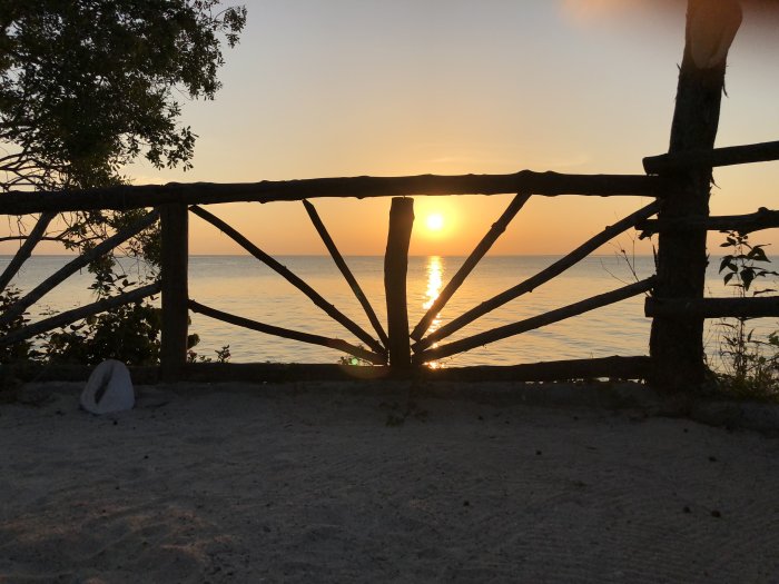 Solnedgång med solstrålar som lyser genom ett staket vid strandkant.