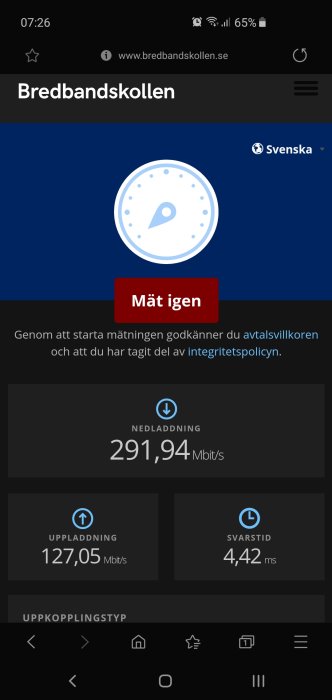 Skärmdump från Bredbandskollen med hastighetstestresultat visande 291,94 Mbit/s i nedladdning och 127,05 Mbit/s i uppladdning.