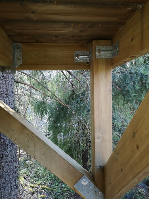 Hörndetalj av träterrass med stolpar och balkar sammanfogade med metallbeslag, syn från underifrån.