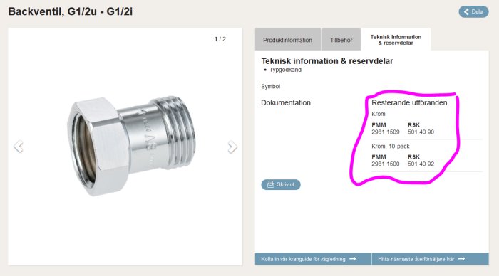 Backventil i krom, märkt med FMM 2981, tillgänglig i 1-pack (RSK: 5014090) och 10-pack (RSK: 5014092).