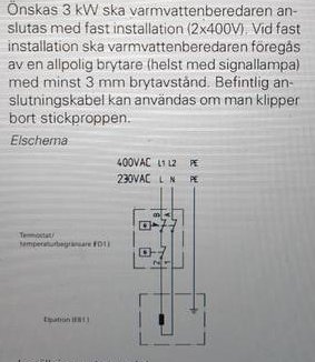 Elektriskt schema för anslutning av en 3 kW varmvattenberedare till 2x400V fast installation.